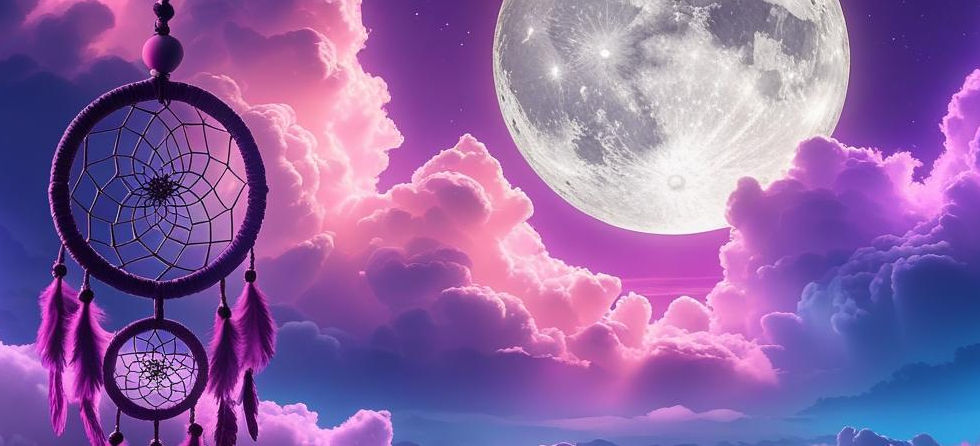 Purple, pink, and blue night background with clouds and moon and a small dream catcher to