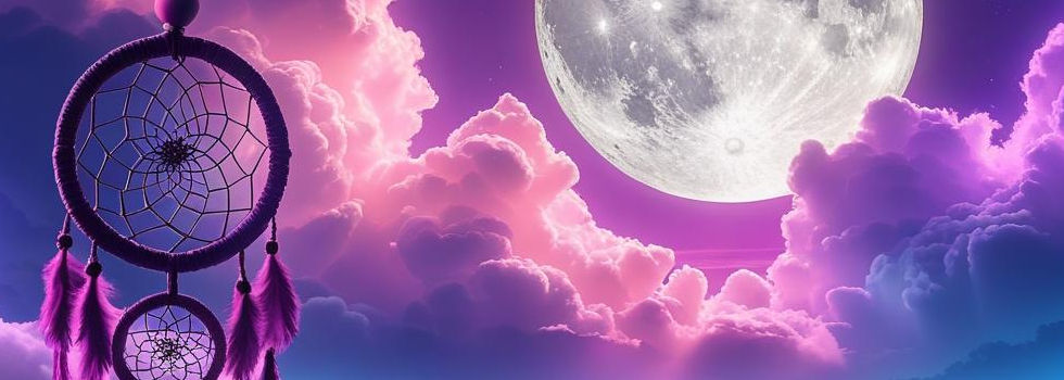 Purple, pink, and blue night background with clouds and moon and a small dream catcher to