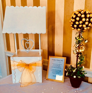 White wishing well for cards finished with a gold sash and personalised framed poem