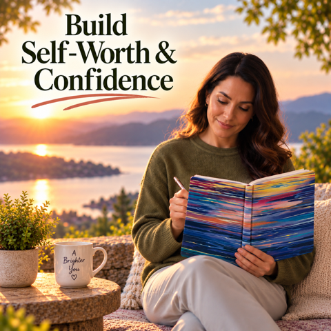 Woman journaling outdoors at sunset with the text 'Build Self-Worth & Confidence' in the top left, square aspect ratio.