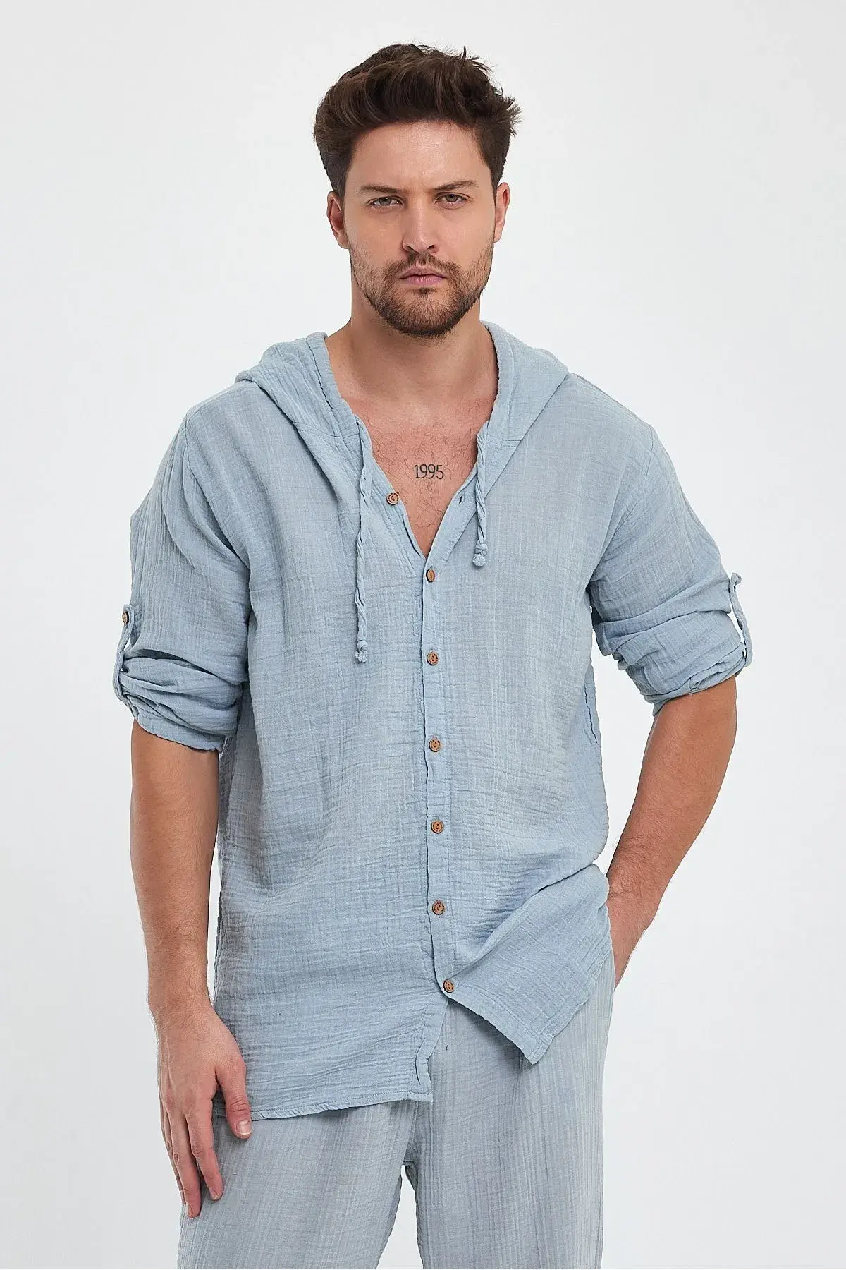 Muslin Hooded Men's Shirt Blue