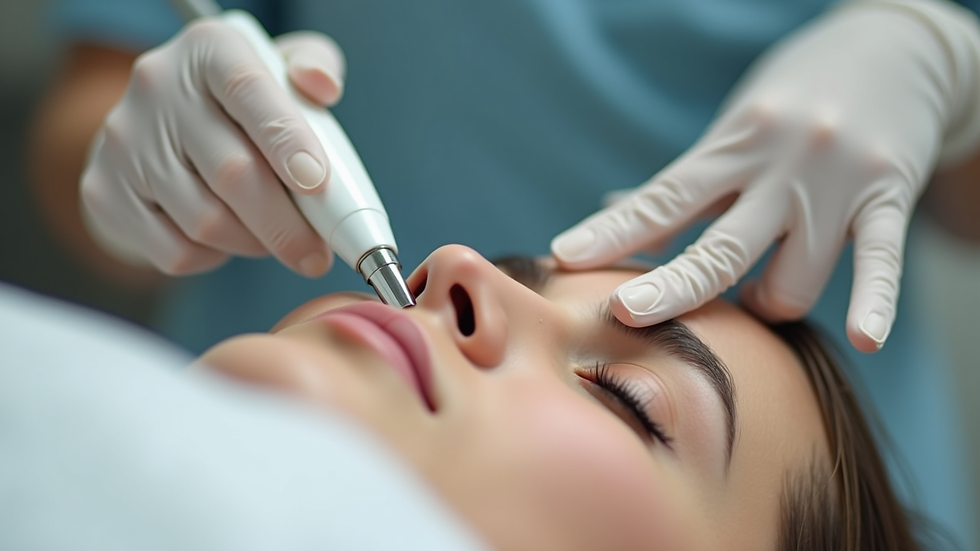 A person receiving a cosmetic facial procedure. A gloved hand uses a tool on their nose. The person appears relaxed. Blue backdrop.