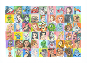 Watercolor collage painting of 2nd 54 day Disney character series