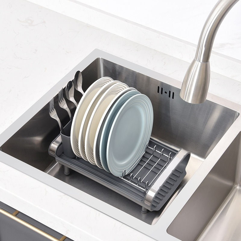 Thumbnail: Adjustable Dish Drying Rack with Utensil Holder & Drip Tray - Grey