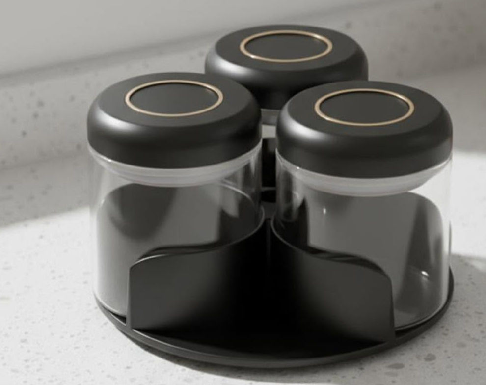 3-PIECE GLASS CONDIMENT SET WITH ROTATING RACK-BLACK