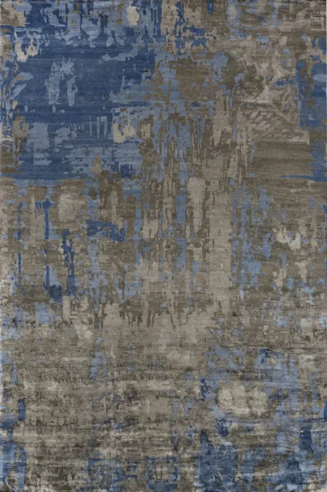 Abstract blue grey rug with textured design