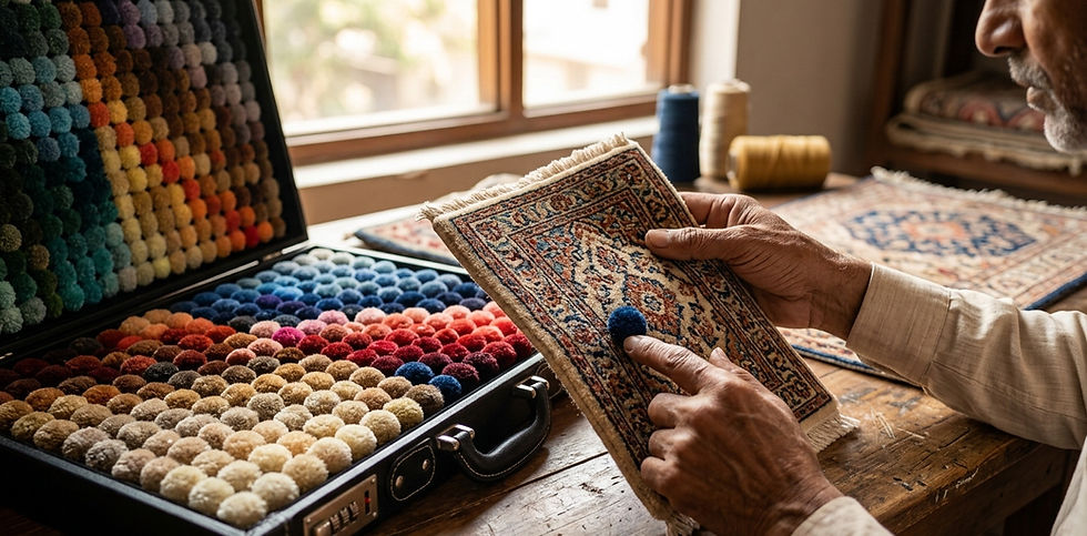 Query successful
Gemini said
A close-up shot of an artisan's weathered hands holding a small, intricately patterned handmade rug sample. One hand points a blue wool pom toward the rug's design to match the color. To the left, a professional black briefcase-style ARS yarn pom box is open, showcasing hundreds of vibrant, multi-colored wool tufts organized in a gradient. The scene is set on a rustic wooden table in a sunlit Bhadohi workshop, with spools of yarn and finished rugs visible in the soft-focus background.