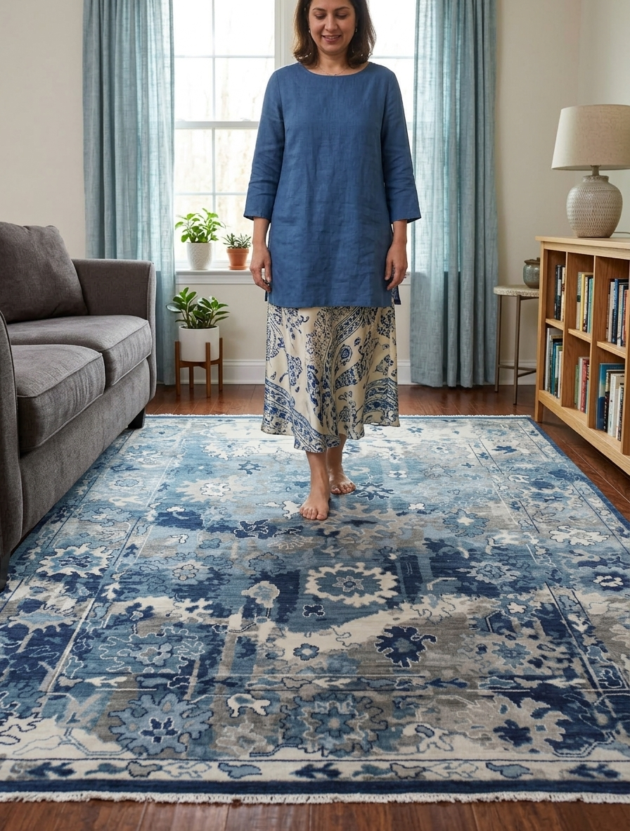 Woman standing barefoot on a hand knotted blue and cream oushak wool area rug in a naturally lit living room.
