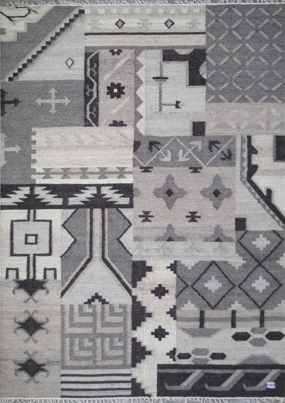 Patchwork Monochromatic Wool Kilim Flatweave Rug with grey and ivory geometric tribal panels.