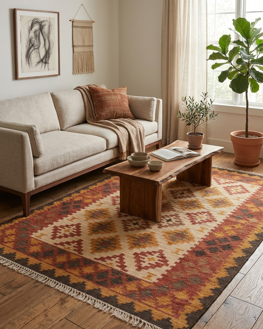 Traditional Diamond Wool Kilim Flatweave Rug featuring terracotta red and gold geometric diamond patterns.