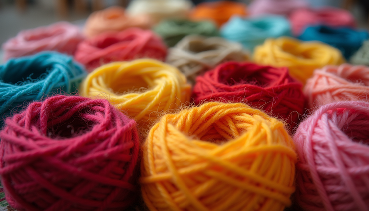 Close-up view of colorful yarn bundles arranged for rug weaving