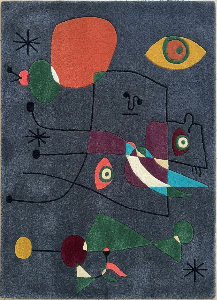 Overhead view of a hand tufted abstract surrealist wool rug with colorful biomorphic shapes on a slate blue background.