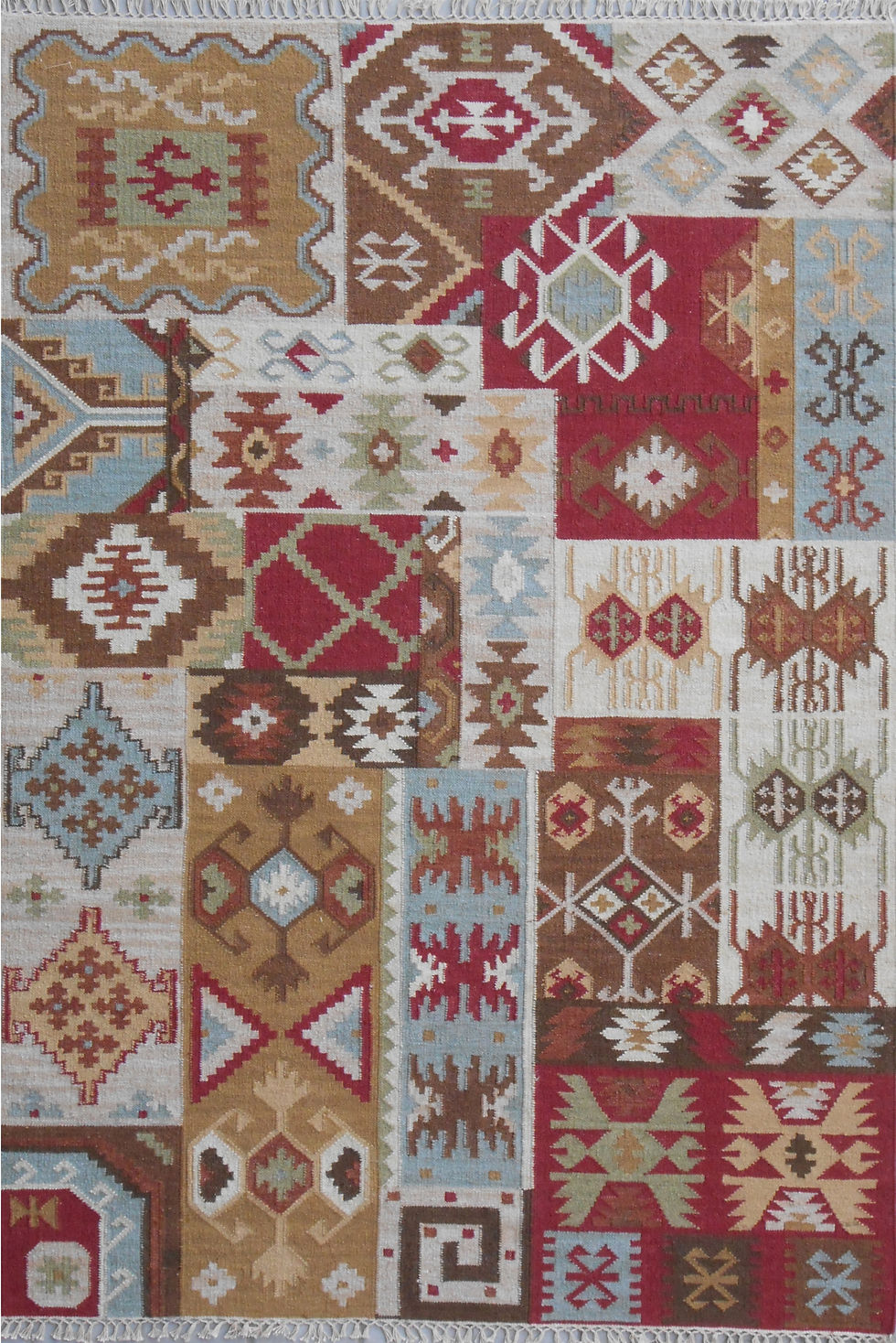 Patchwork Tribal Wool Kilim Flatweave Rug featuring a vibrant multi-colored geometric panel design.