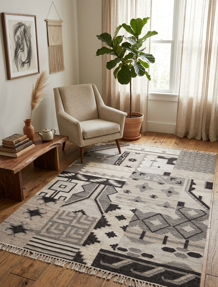 Patchwork Monochromatic Wool Kilim Flatweave Rug with grey and ivory geometric tribal panels.