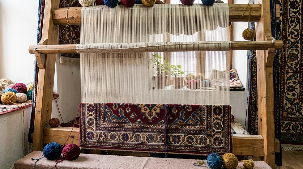 Eye-level view of a traditional loom with partially woven rug showing intricate patterns