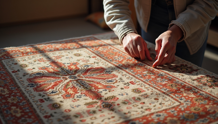 High angle view of a freshly finished handmade rug laid flat for inspection