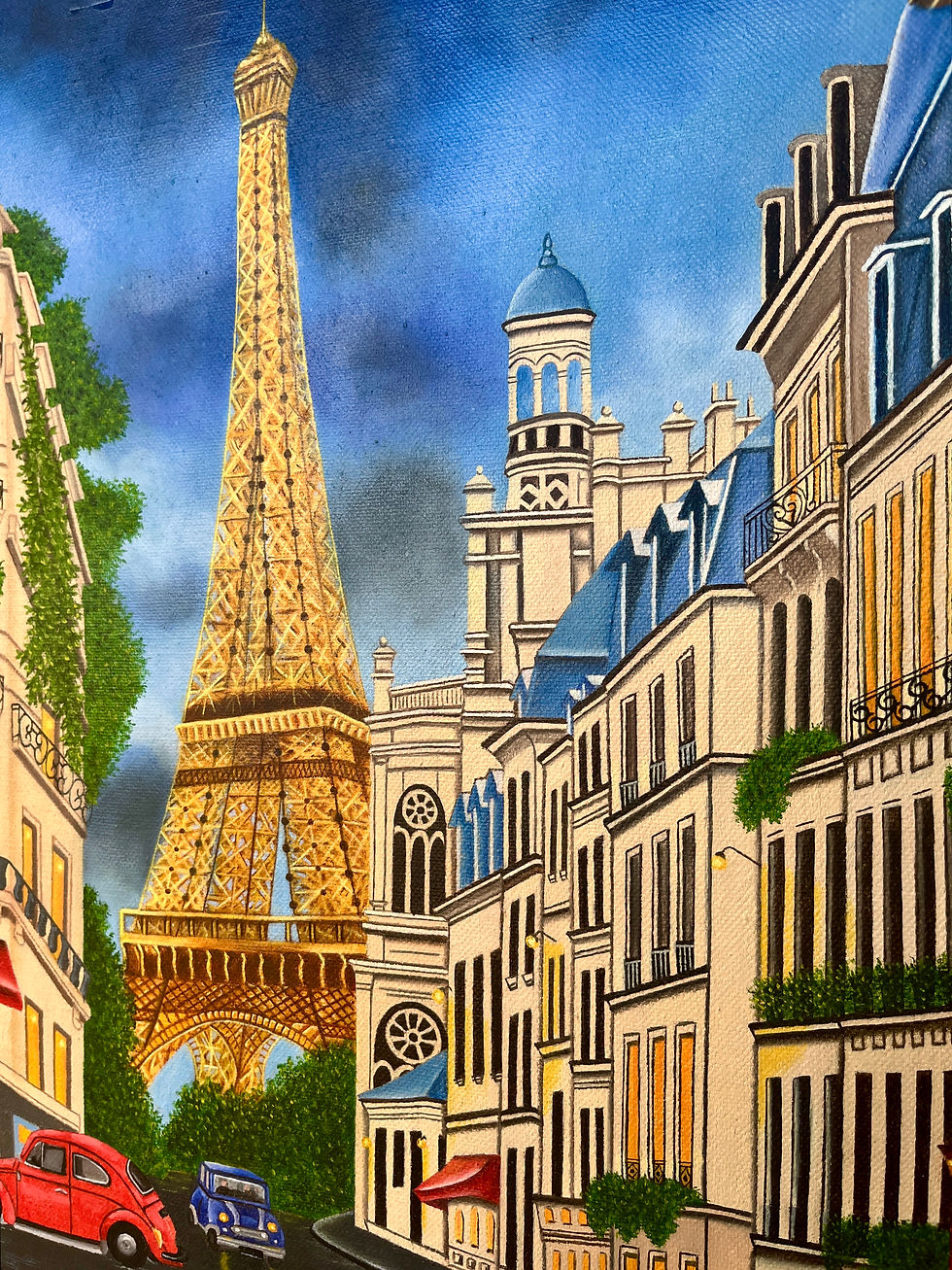 Paris Cityscape Oil Painting titled 'Streets of Paris' with the Eiffel Tower, a red car, and a glowing cafe.