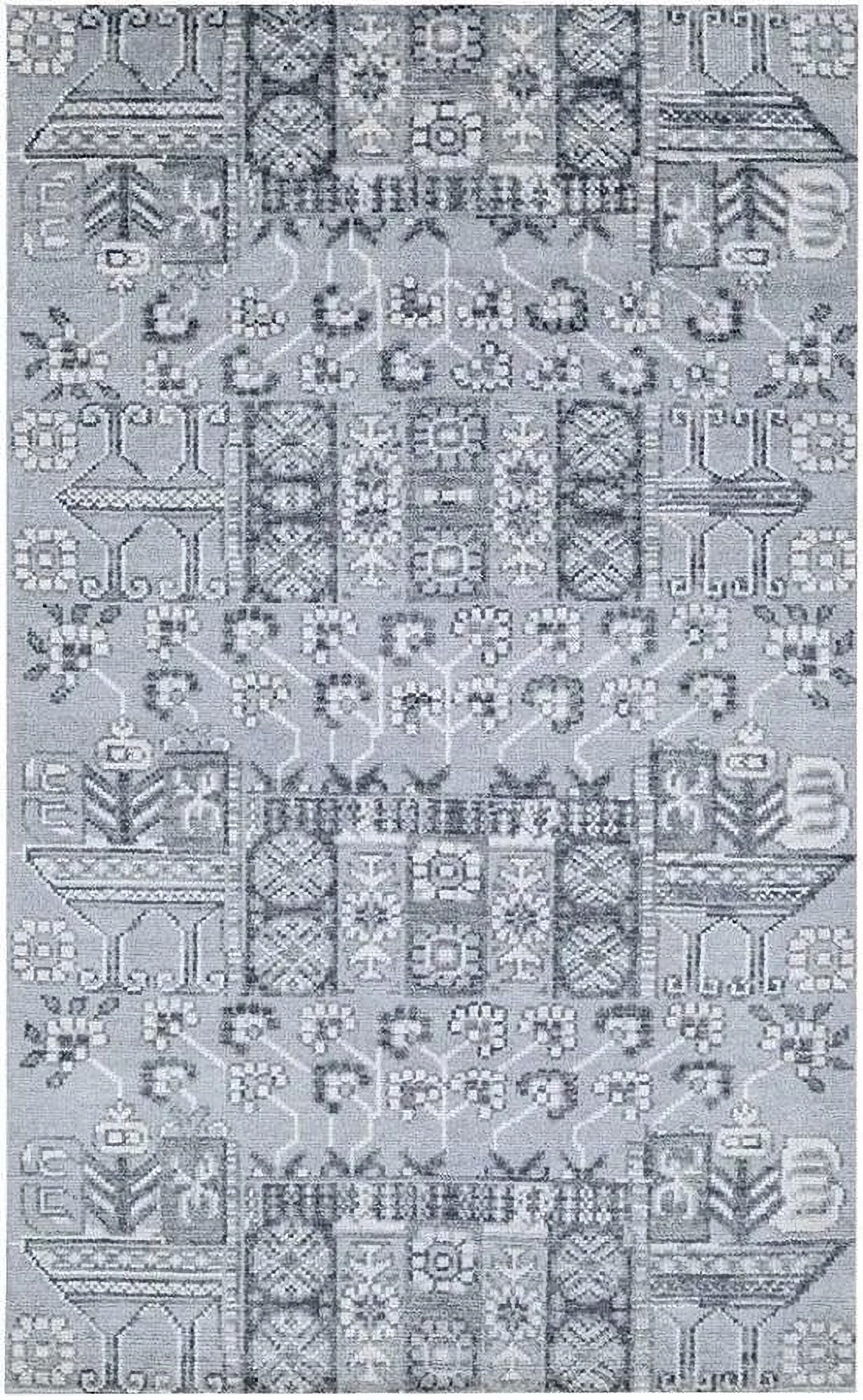 Indigo Traditional Khotan Rug with symmetrical pomegranate and crane motifs in a refined living room.