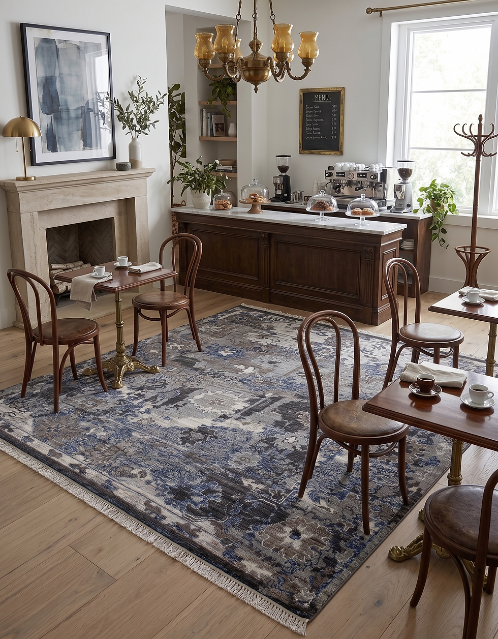 Cafe seating area styled with round bistro tables and chairs centered over an antique blue and charcoal oushak wool rug.