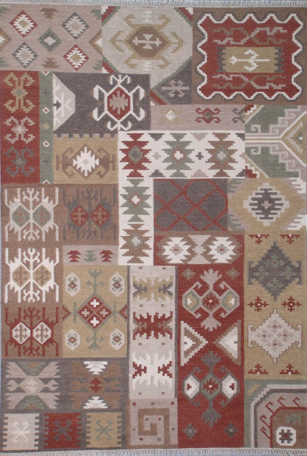 Patchwork Earth-Tone Wool Kilim Flatweave Rug with rust, green, and taupe geometric tribal panels.