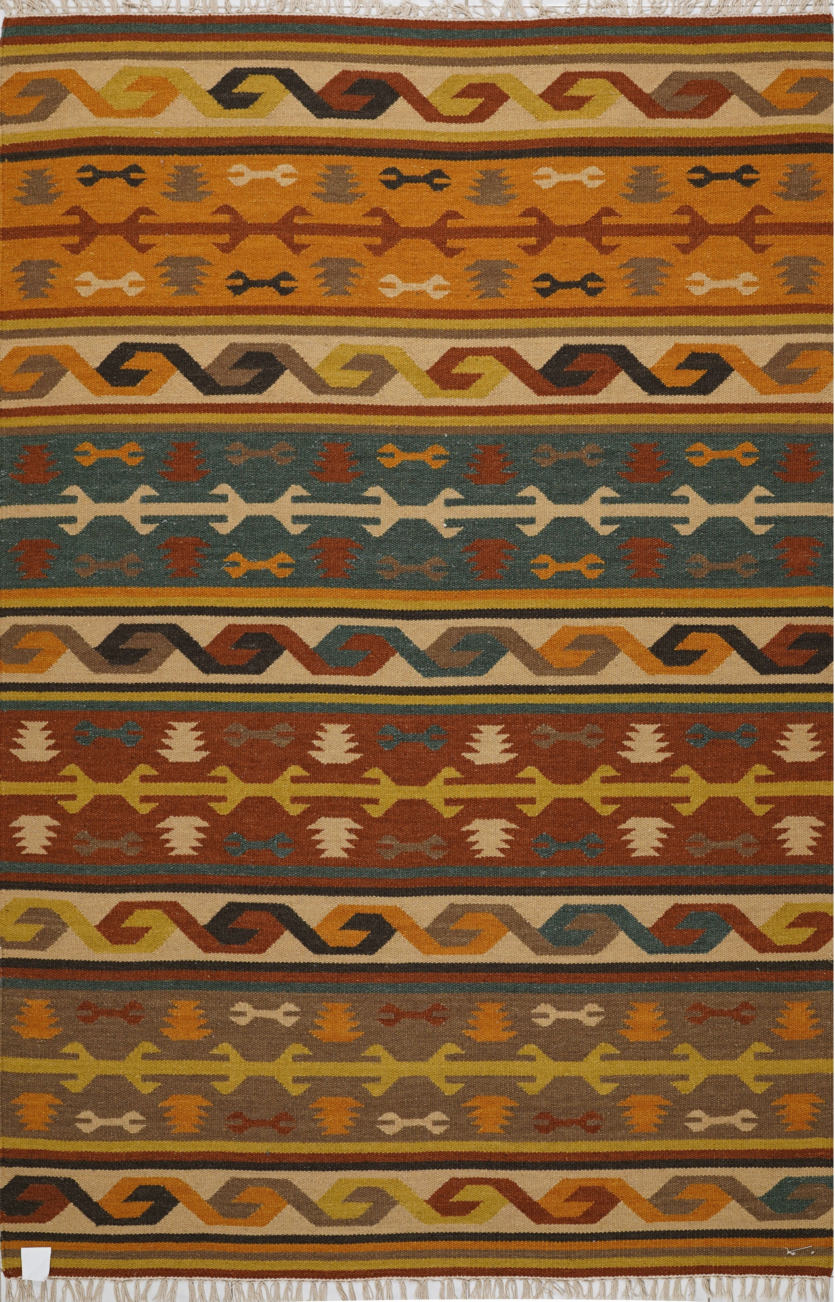 Tribal Wool Kilim Flatweave Rug with horizontal terracotta, orange, and blue geometric bands.