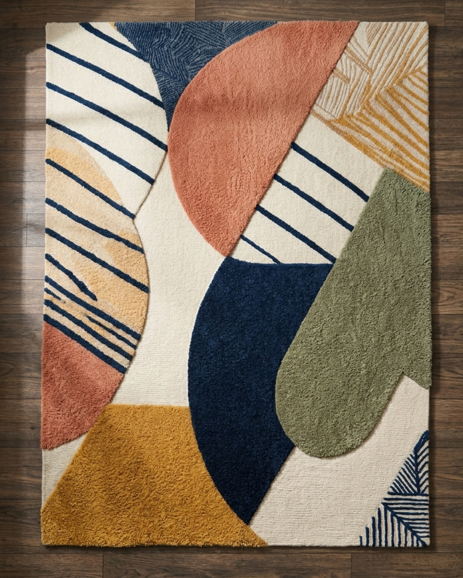 Overhead view of a hand tufted abstract geometric wool rug featuring navy, terracotta, green, and gold color blocks.