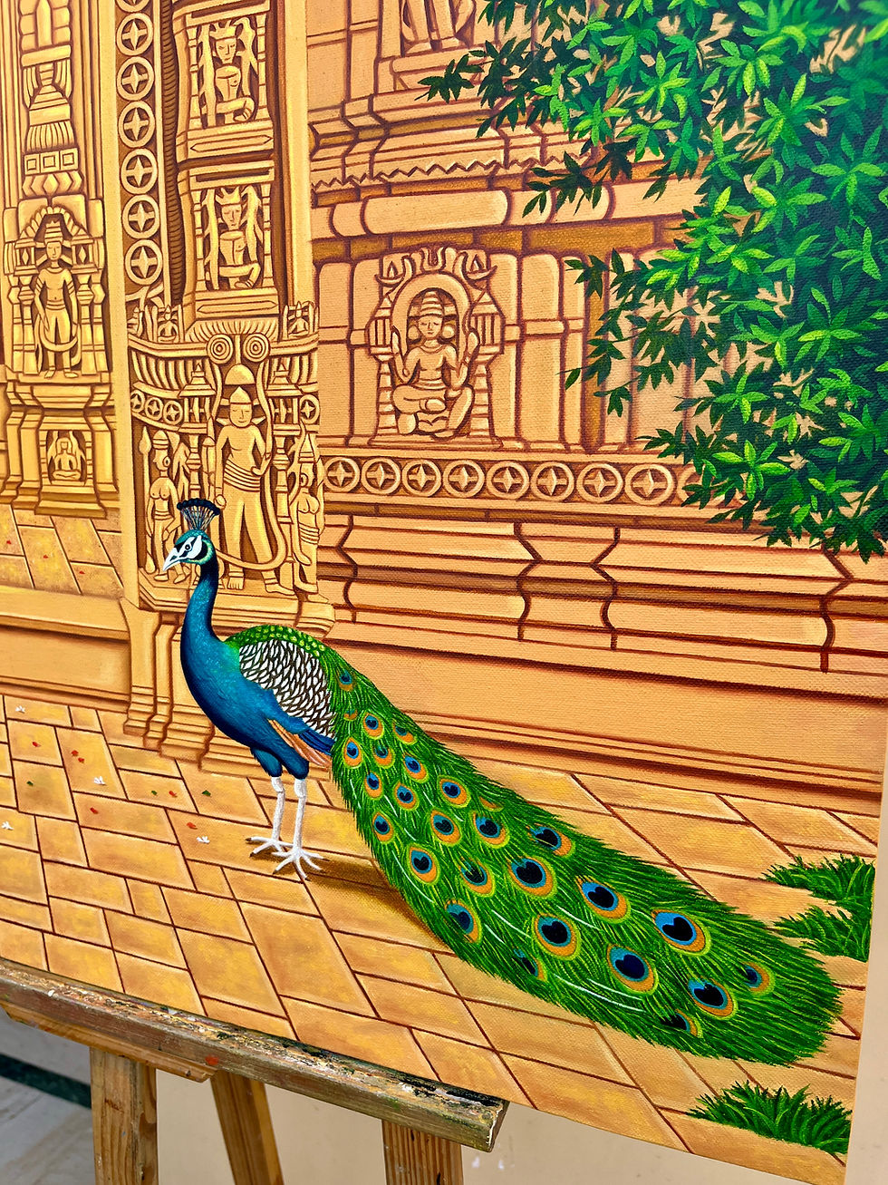Thumbnail: Shiva Lingam Oil Painting on 24x30 canvas showing a glowing blue deity in a golden temple with a majestic peacock.