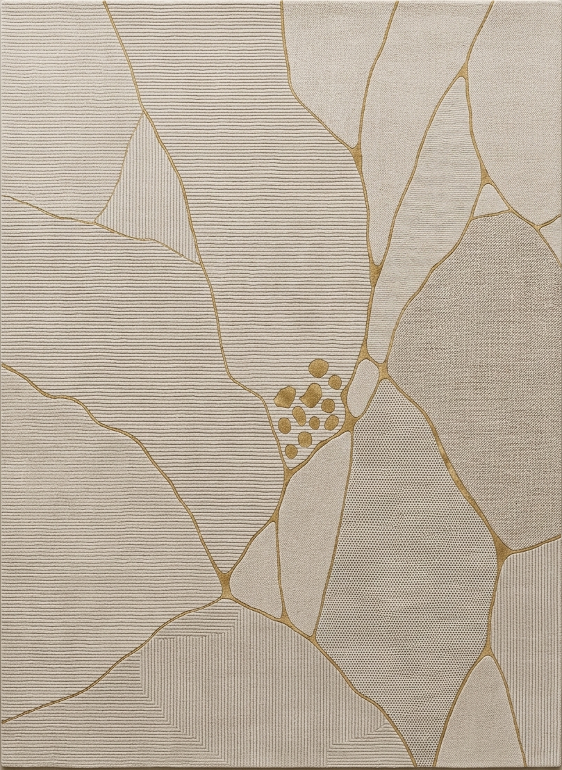 Overhead view of a hand tufted kintsugi abstract wool rug showing textured cream panels separated by gold veins.