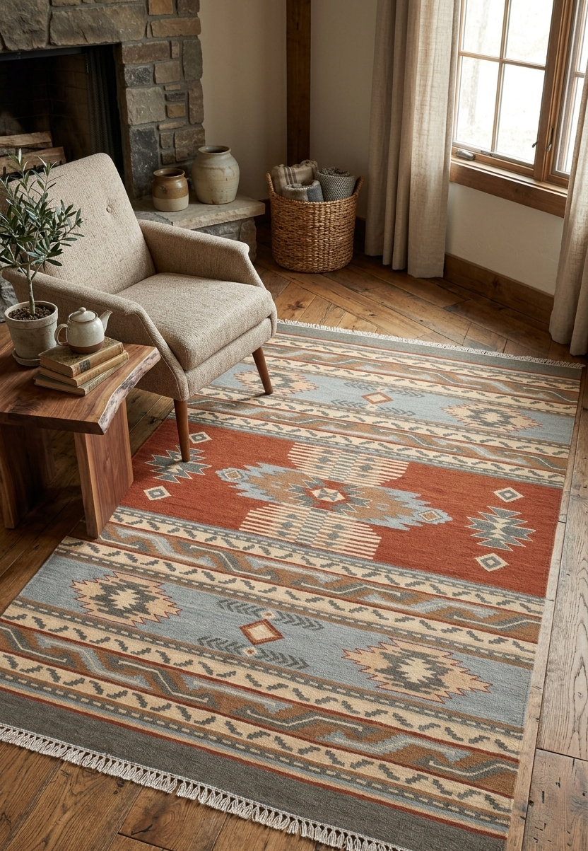Traditional Tribal Wool Kilim Flatweave Rug with a terracotta center and blue and sage geometric borders.
