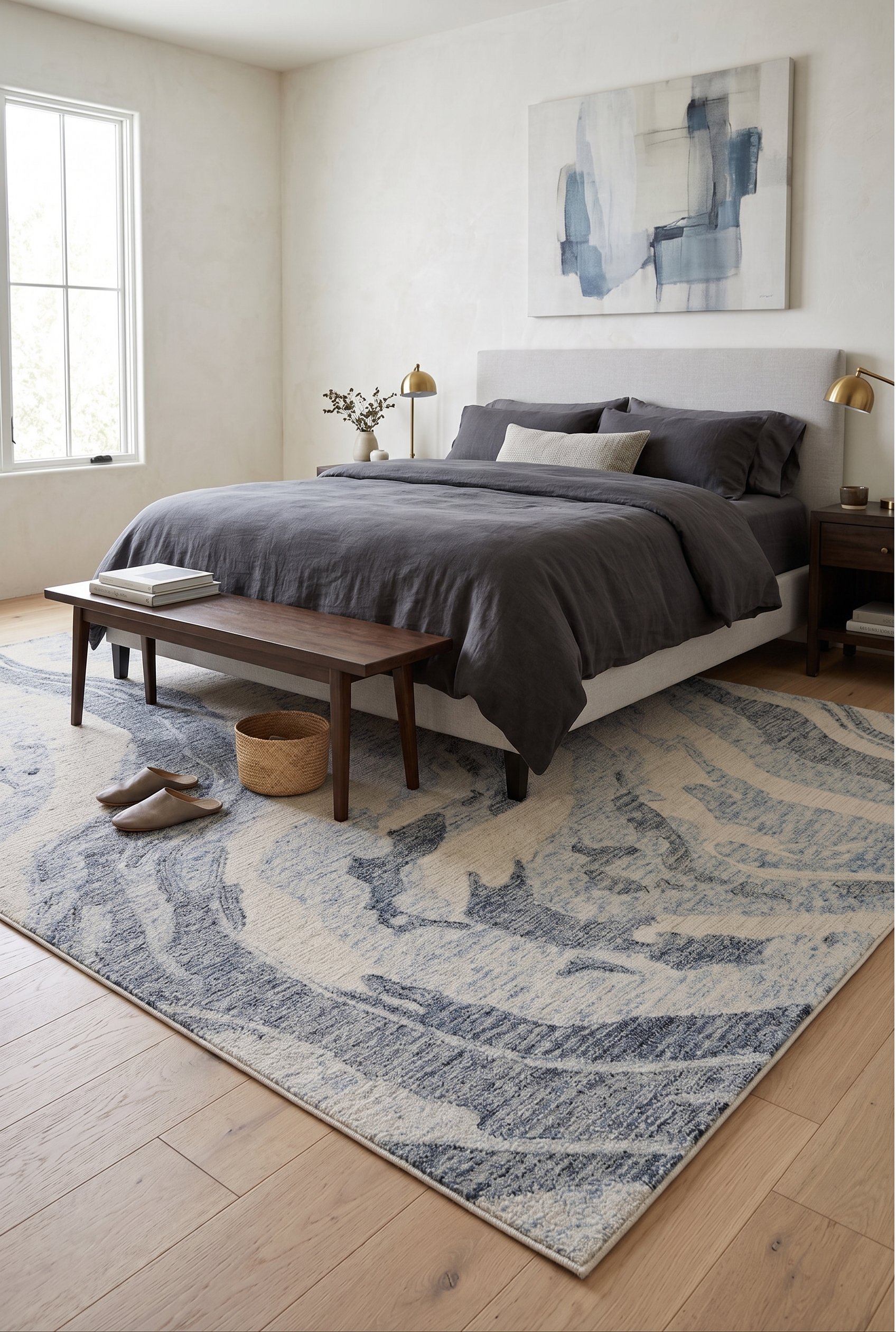 Overhead view of a hand tufted abstract wave wool rug showing fluid navy blue and cream marble like swirls.