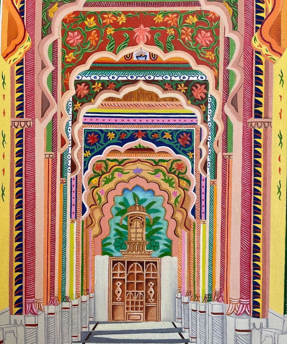 A 20x24 Patrika Gate Oil Painting featuring the colorful, symmetrical hand-painted arches of Jaipur on oil canvas.