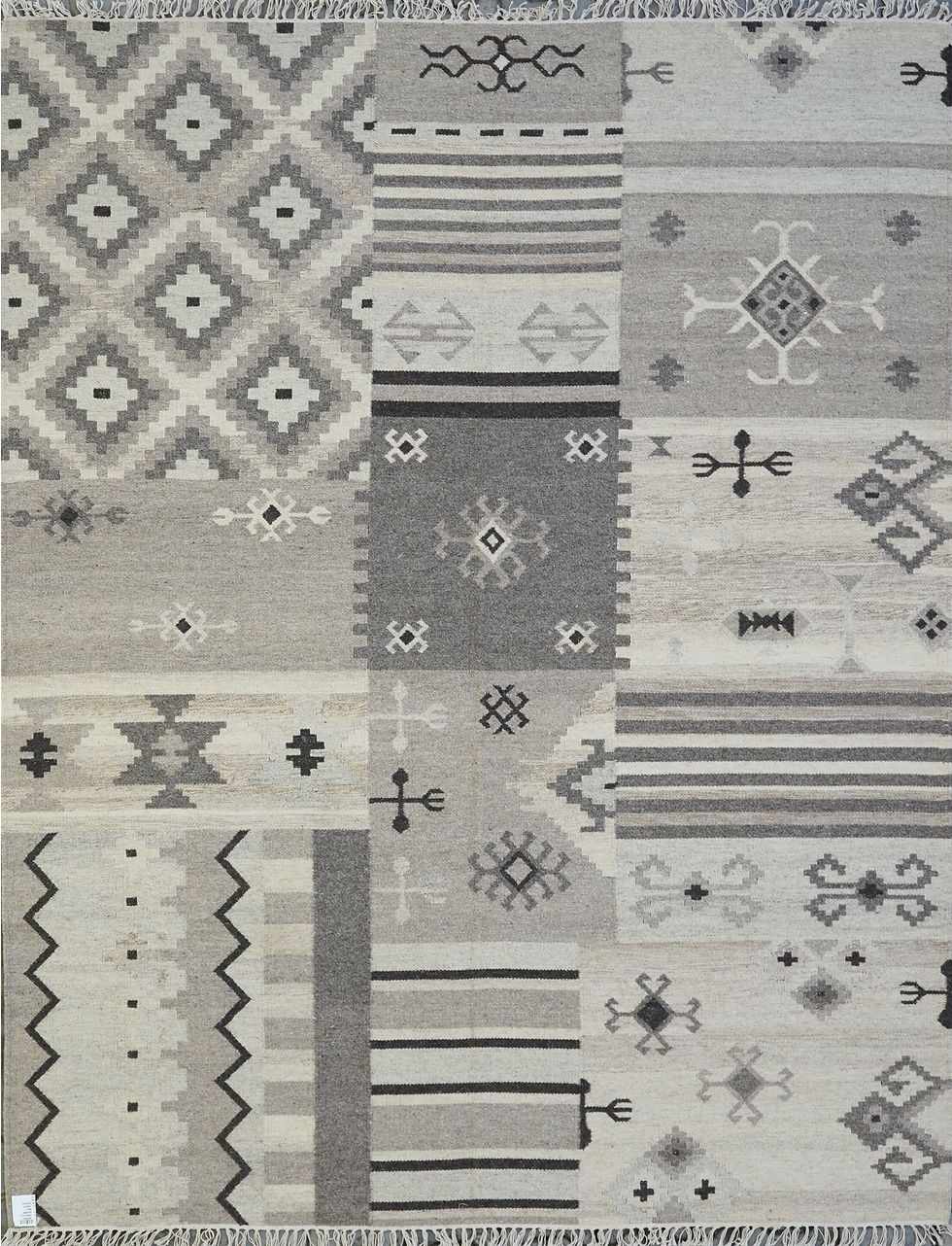 Patchwork Tribal Wool Kilim Flatweave Rug in a grey and ivory geometric multi-panel design.