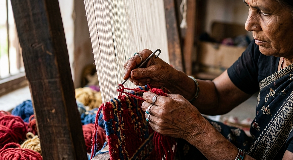 Lady Artisan hand knotting wool rug in Bhadohi