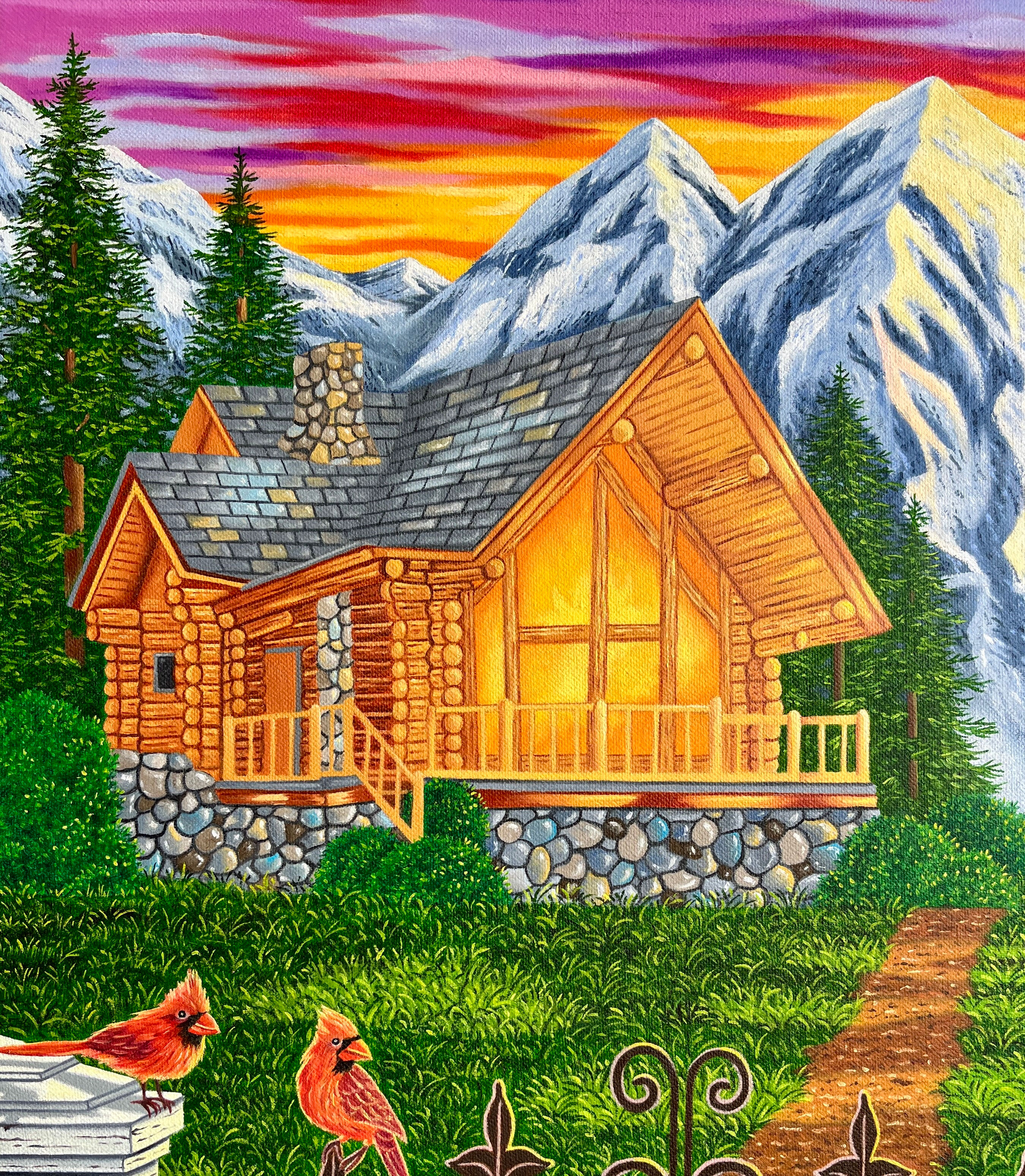 Vibrant Nature Landscape Oil Painting titled 'The Colors of Life' with a log cabin, mountains, and red and blue birds.