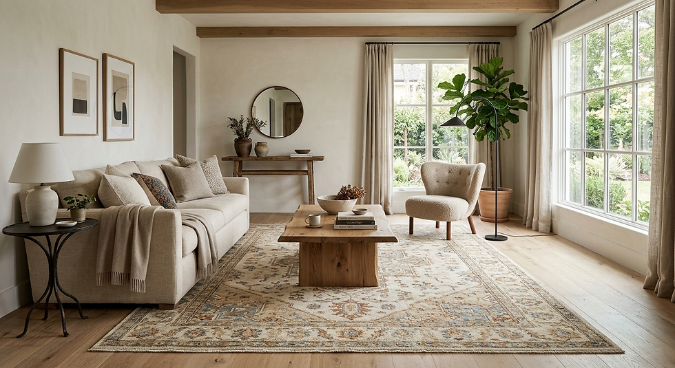 Custom hand knotted wool rug in a modern Indian living room