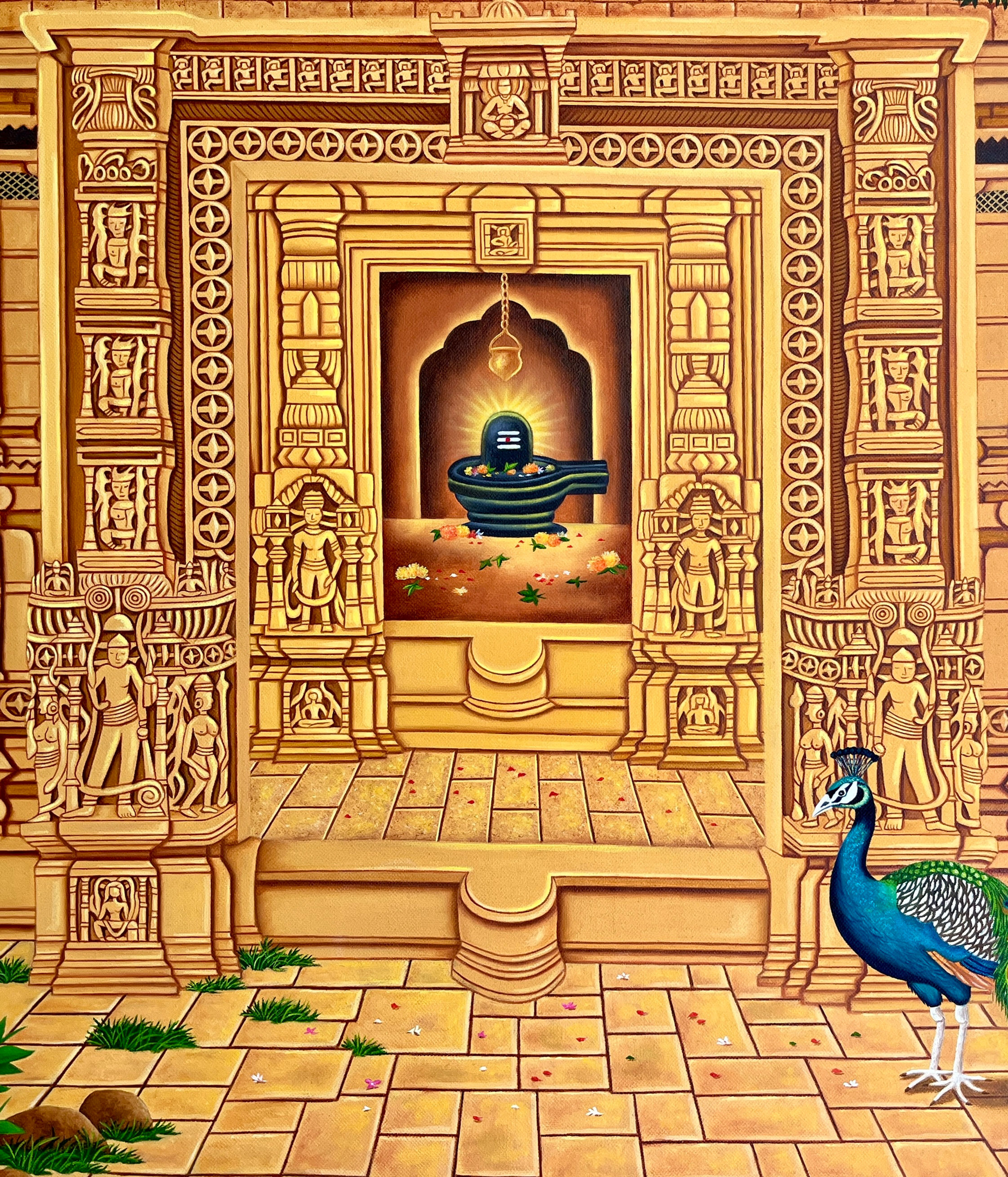 Shiva Lingam Oil Painting on 24x30 canvas showing a glowing blue deity in a golden temple with a majestic peacock.