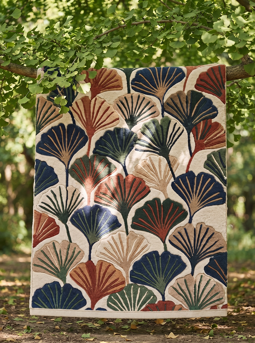 Overhead view of a hand tufted botanical wool rug featuring colorful ginkgo leaves in terracotta, green, and blue on cream.