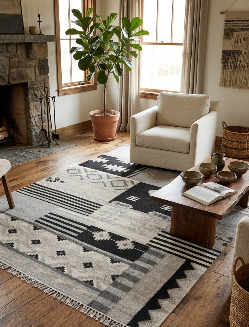 Patchwork Monochromatic Wool Kilim Flatweave Rug with high-contrast black and grey geometric panels and white fringe.