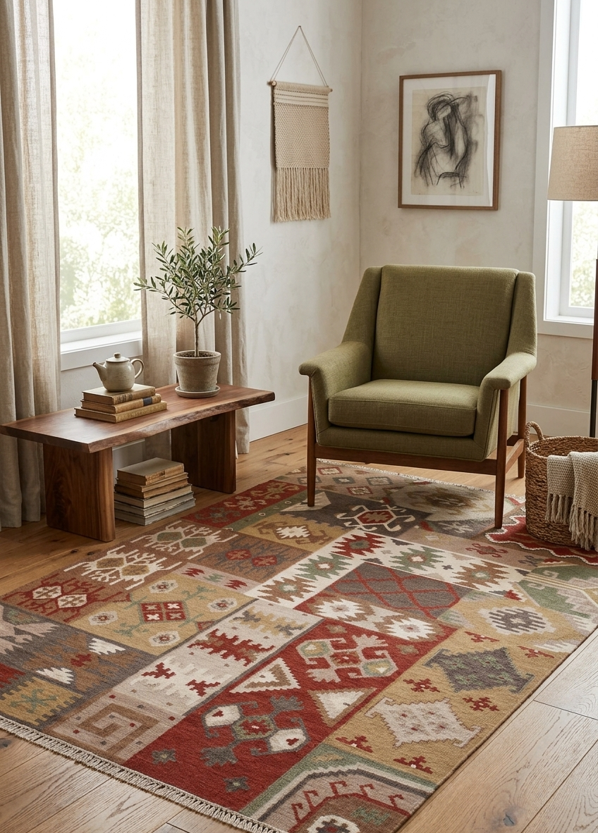 Patchwork Earth-Tone Wool Kilim Flatweave Rug with rust, green, and taupe geometric tribal panels.