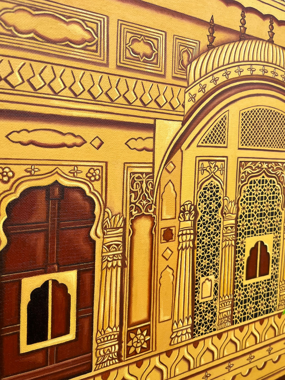Rajasthani Jharokha Oil Painting on 24x30 canvas showing a carved golden stone balcony and vibrant green foliage.