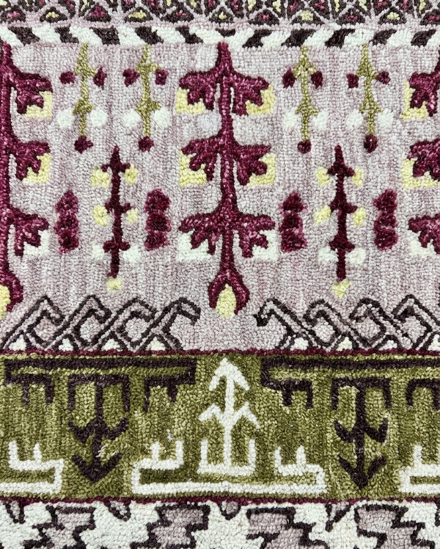 Hand-Tufted Bikaner Wool Rug with a rose and olive green traditional motif and a dense loop pile finish.