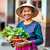 A Vietnamese lady in traditional clothing holding a basket of vegetables and smiling..jpg
