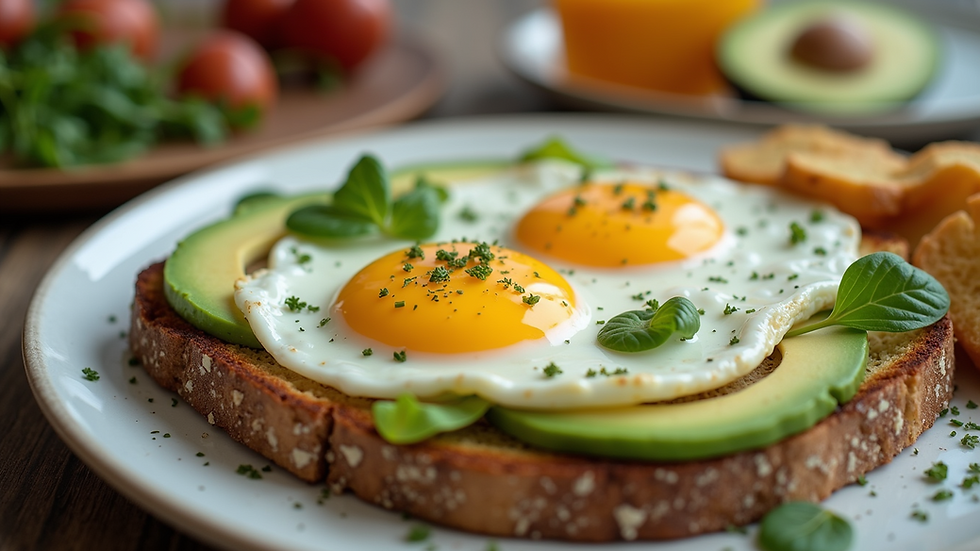 Eye-level view of a healthy breakfast spread with eggs, avocado, and whole grain toast