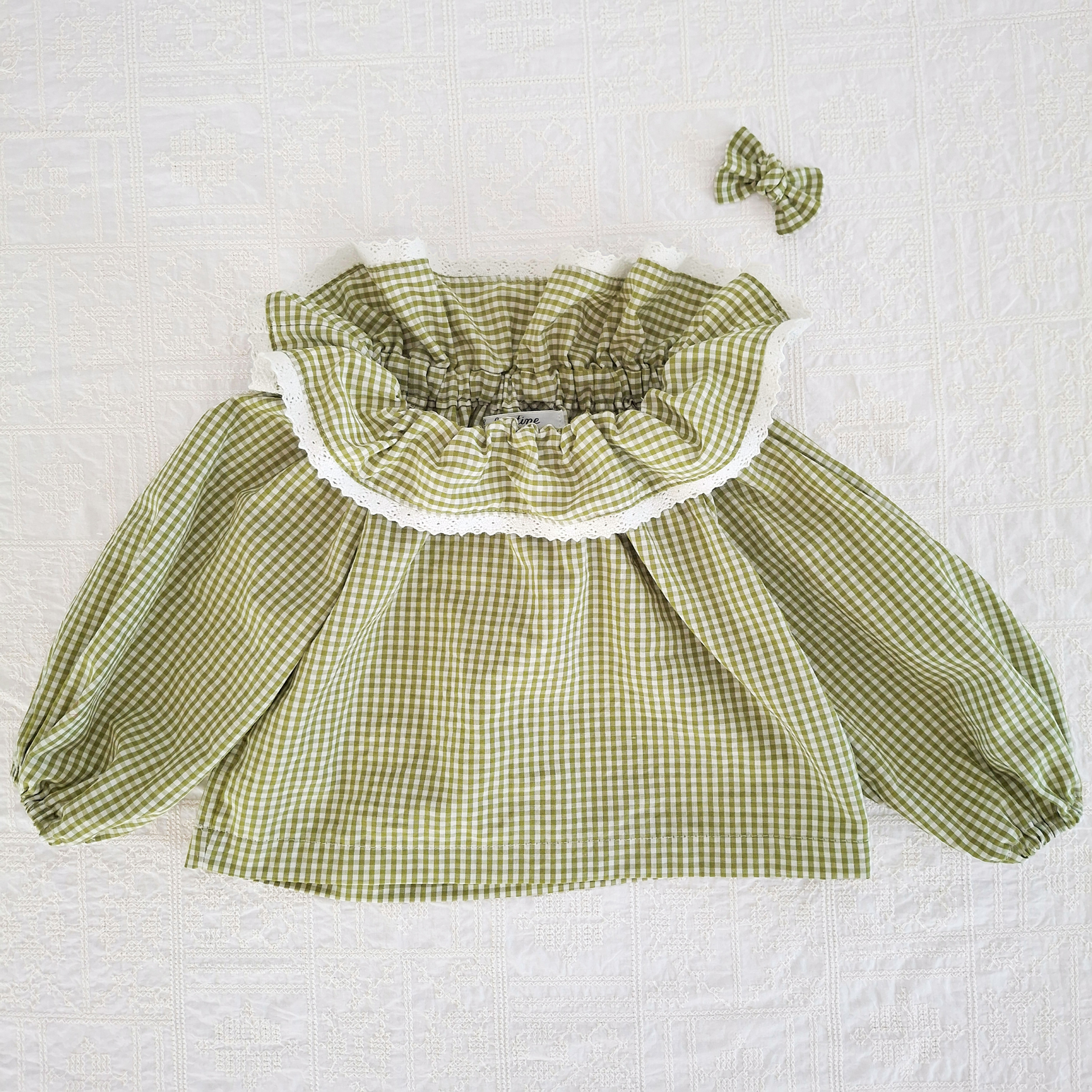 Suzanne - Blouse vichy vert olive fille