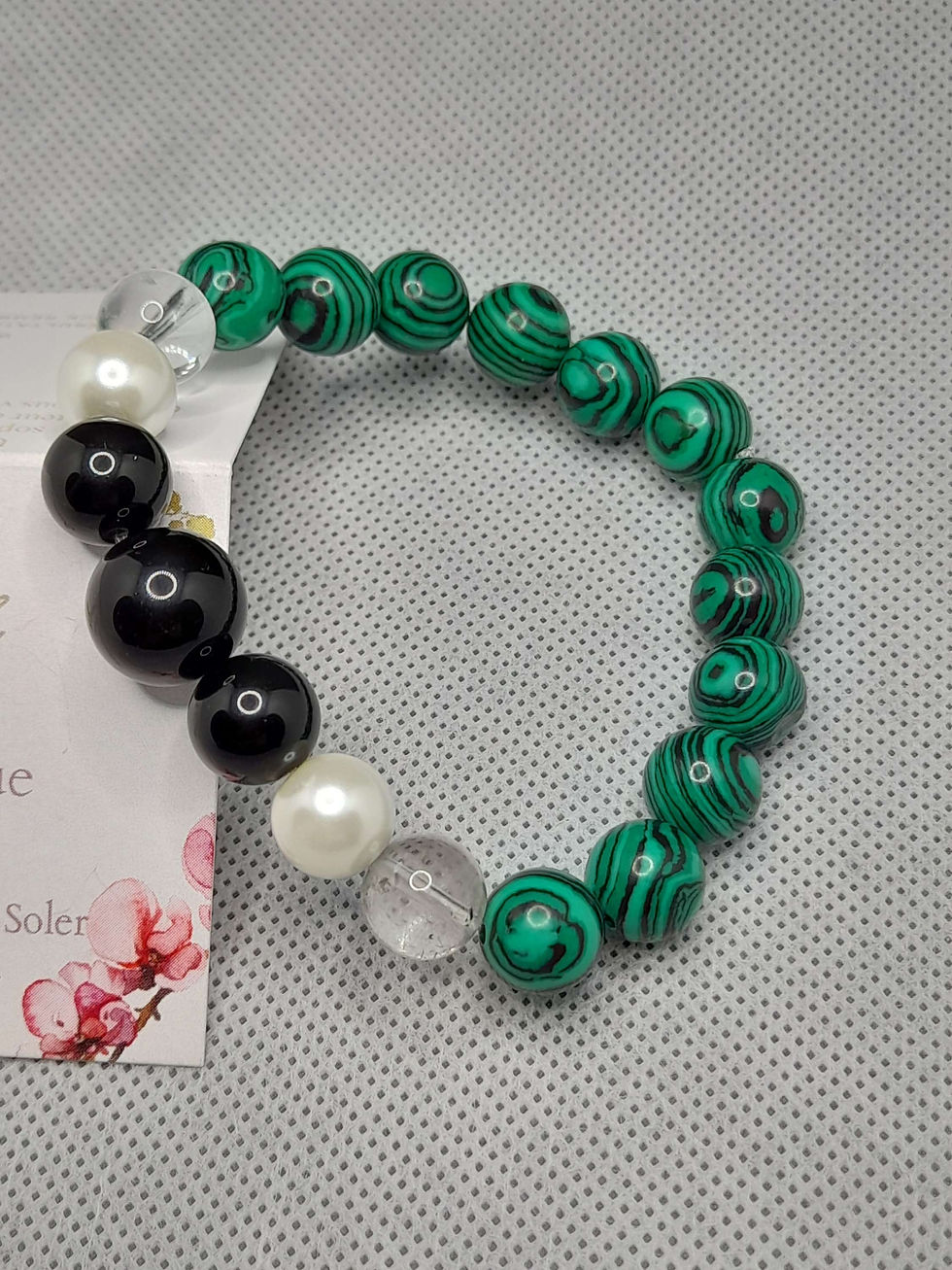 Miniature : Bracelet de malachite cristal de roche, obsidienne dorée et oeil céleste 