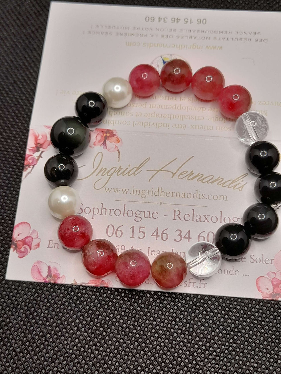 Miniature : Bracelet de tourmaline melon d'eau, obsidienne dorée, oeil céleste et de faucon 