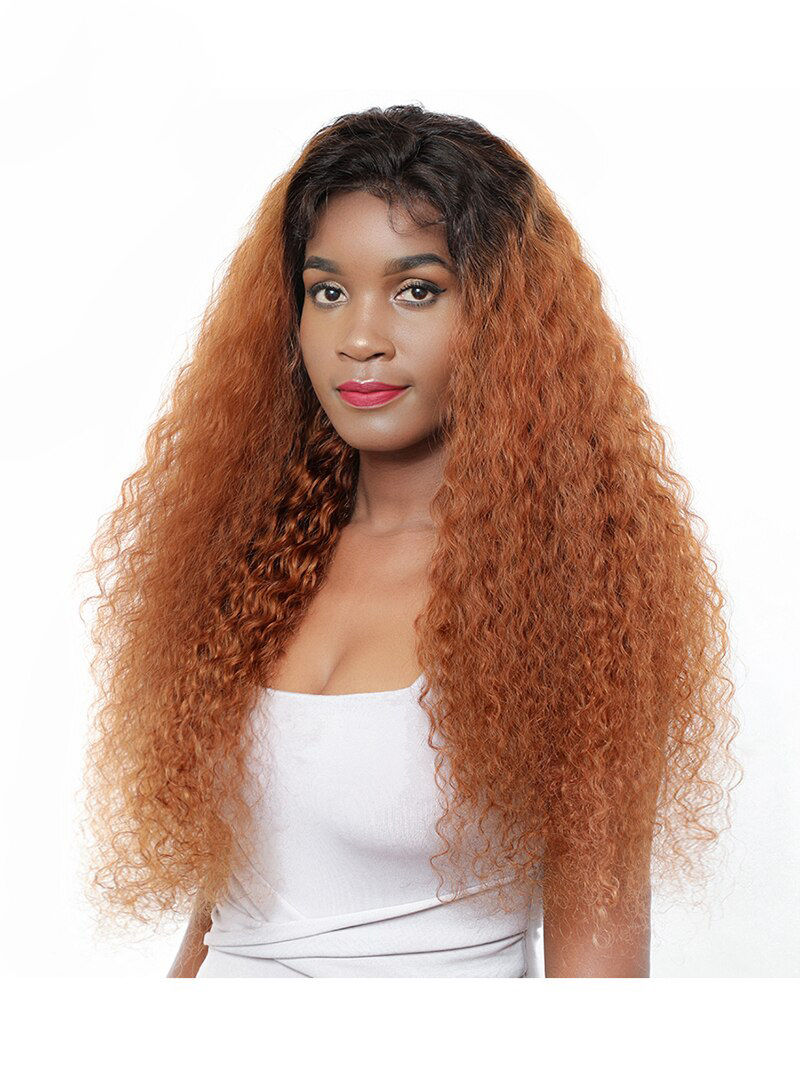 Thumbnail: Ombre 30 Brown Caramel 4x13 Lace Front Kinky Curly Wig