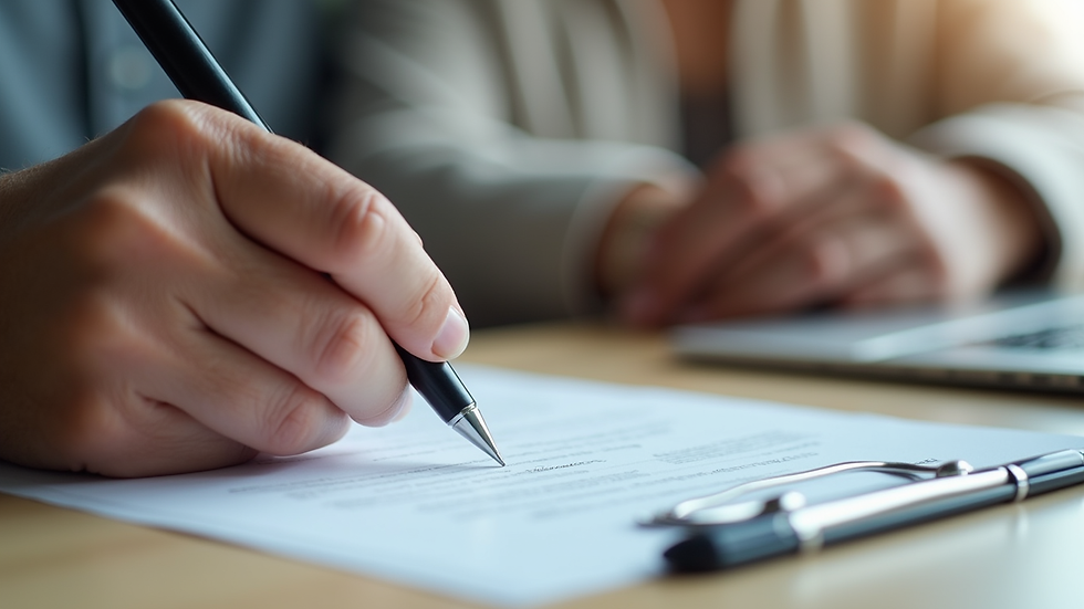 Close-up view of a senior care advocate reviewing documents with a family member