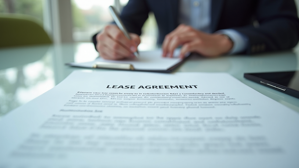 Close-up view of a lease agreement document on a desk with a pen