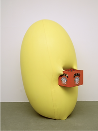 ‘Yellow sculpture fitting to beer crate’ 1998, Hans Hemmert